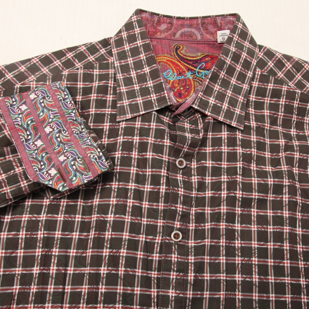 Robert Graham Button Down Shirt Mens L Brown Red Plaid Paisley Flip Cuff
